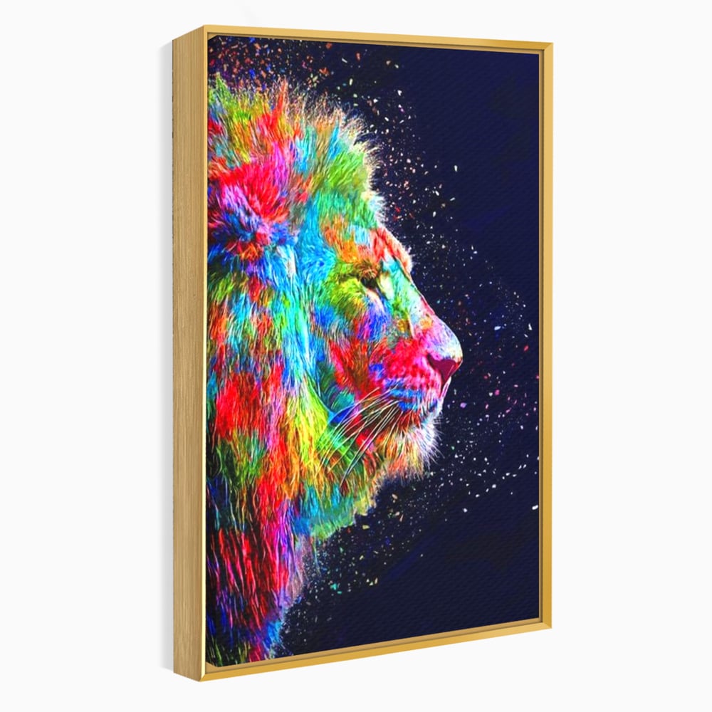 Tablou canvas cu tablou canvas cu profil de leu multicolor, in rama de aluminiu auriu